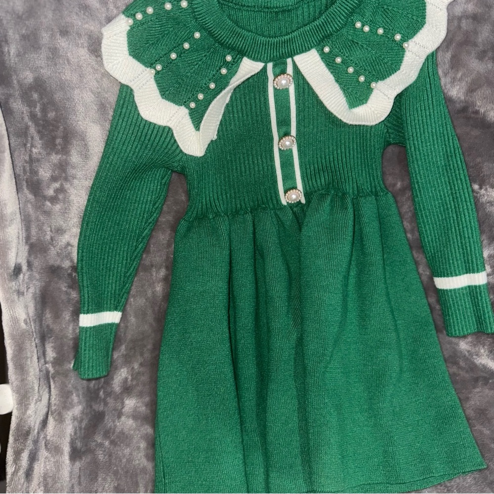 Green Knit Dress with Pearl Accents